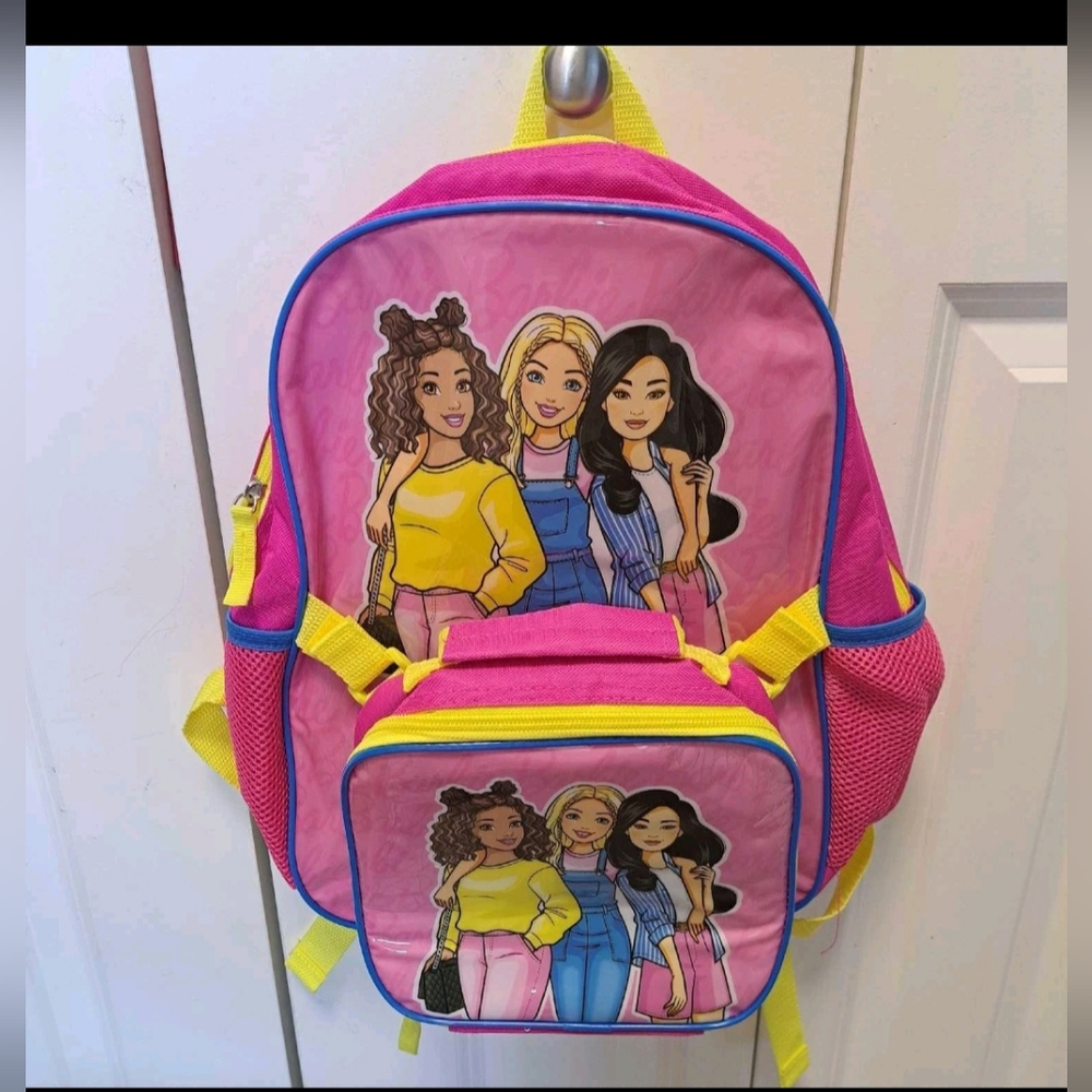 Brand New Barbie Pink Backpack with Cartoon Characters With A Lunch Bag Attached